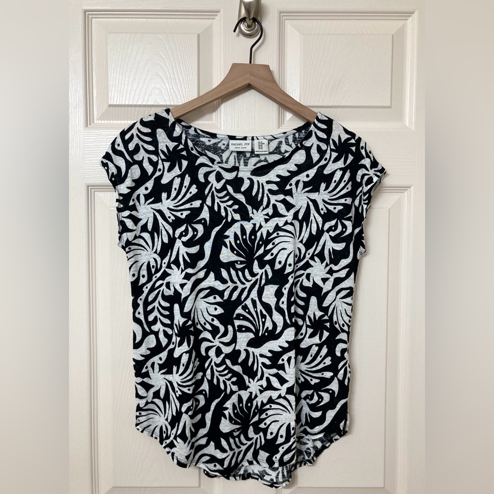 Rachel Zoe Women’s Linen Black White Short Sleeve Shirt Medium Resort Vacation